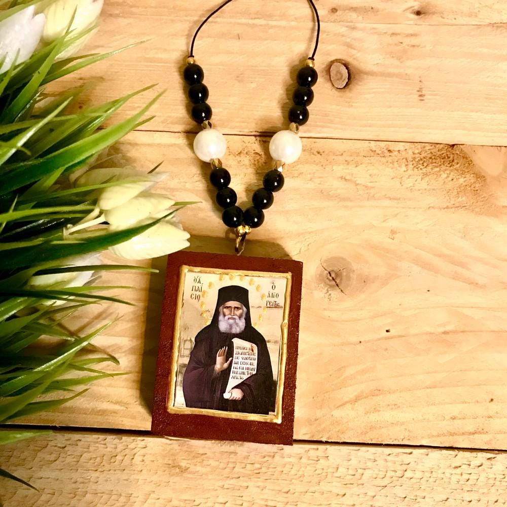 Handmade Mini Pendant Orthodox Wooden Icon With Beads / Handmade Greek ...