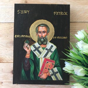 Handmade St. Patrick of Ireland Wood Icon – Celtic Christian Wall Art – Catholic Saint Gift – Irish Patron Saint Decor