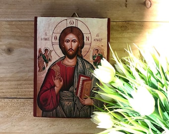 Jesus Christ Pantocrator Icon on Wood, Handmade Orthodox Religious Icon, 3.7x5.1 in Wooden Christian Art Christian Wooden Icon of Jesus