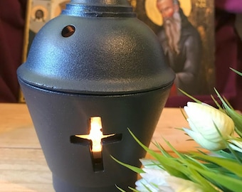 Ceramic Greek Orthodox Vigil Lamp with Cross Orthodox Home Decor Religious Lamp Oil Lamp Kantili Ceramic Candle Pot