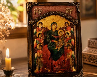 Icono ortodoxo de la Virgen María en madera – Arte mural cristiano bizantino – Decoración religiosa griega hecha a mano, estilo vintage