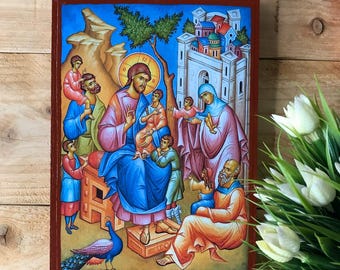 Jesus Christ Blessing the Children – Handmade Wooden Christian Icon | Orthodox Religious Art