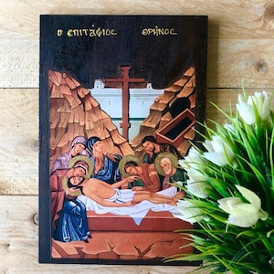 Handmade Wooden Icon of the Lamentation of Christ Unique Religious Artwork, Handcrafted Orthodox Christian Icon for Home Decoration