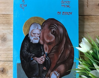 Handmade Orthodox Icon of Saint Seraphim of Sarov | Christian Wall Art | Wooden Religious Gift