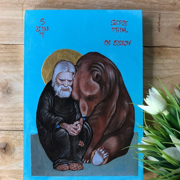Icona ortodossa fatta a mano di San Serafino di Sarov / Arte murale cristiana / Regalo religioso in legno