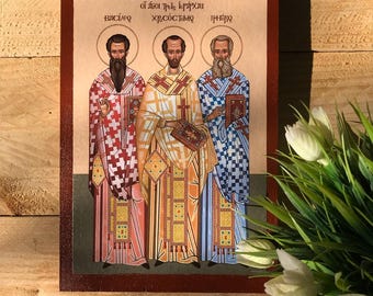 Saints Three Hierarchs Handmade Wooden Orthodox Icon | Basil the Great Gregory the Theologian John Chrysostom