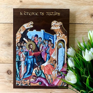 Handmade Greek Orthodox Icon: Raising of Lazarus Wooden Artwork