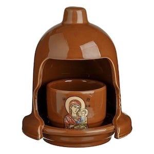 Ceramic Greek Orthodox Vigil Lamp with Icon of the Virgin Mary Orthodox Home Decor Religious Lamp Theotokos Oil Lamp