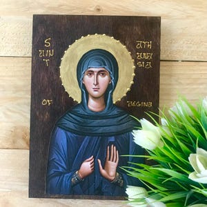 Handgefertigte Hölzerne Ikone der Heiligen Athanasia von Ägina Synthetisches Christliches Geschenk Griechisch Griechisch Griechisch Ortorhodinierte Ikone Christliche Kunst Heilige Kunst Hölzernes Ortikon