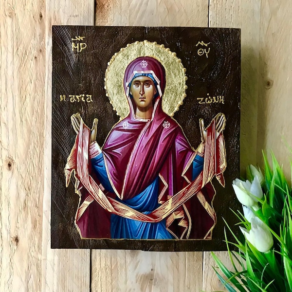 Icona sacra della Theotokos realizzata a mano: arte religiosa ortodossa in legno