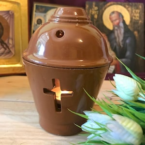 Ceramic Greek Orthodox Vigil Lamp with Cross Orthodox Home Decor Religious Lamp Oil Lamp Kantili Ceramic Candle Pot