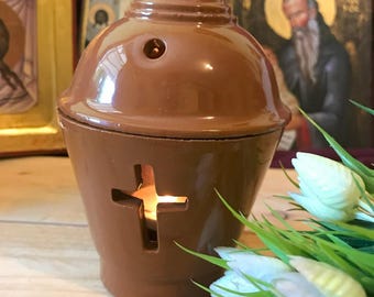 Ceramic Greek Orthodox Vigil Lamp with Cross Orthodox Home Decor Religious Lamp Oil Lamp Kantili Ceramic Candle Pot