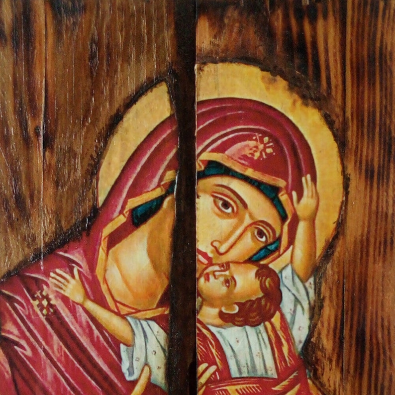 Virgin Mary Glykophilousa Icon on Natural Wood, Handmade Greek Orthodox ...