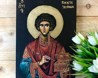 Handmade Wooden Icon of Saint Panteleimon - Byzantine Orthodox Art