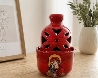 Ceramic Greek Orthodox Vigil Lamp with Icon of the Virgin Mary Orthodox Home Decor Religious Lamp Theotokos Oil Lamp