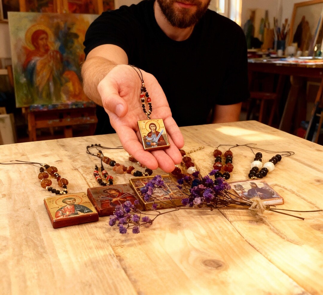Handmade Mini Pendant Orthodox Wooden Icon With Beads / Handmade Greek ...
