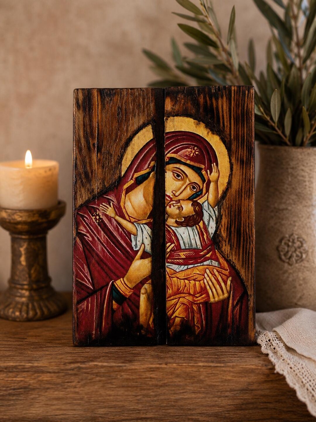 Virgin Mary Glykophilousa Icon on Natural Wood, Handmade Greek Orthodox ...