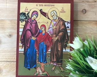 Ikona Świętych Joachima i Anny, ręcznie wykonana ikona z drewna prawosławnego, sztuka chrześcijańska bizantyjska, rodzice Matki Boskiej, dar religijny