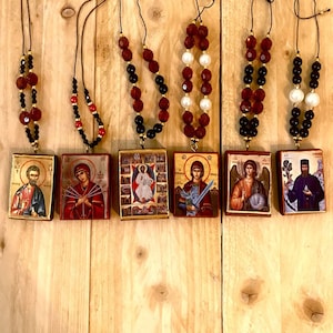 Handmade Mini Pendant Orthodox Wooden Icon With Beads / Handmade Greek Orthodox Mini Icon With Jesus Virgin Mary Saint And Angels / Gifts