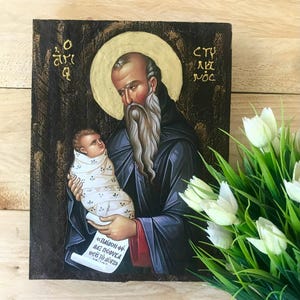 Saint Stylianos – Handmade Greek Orthodox Icon – Patron Saint of Children – Christian Religious Gift Wooden Icon Sacred Art