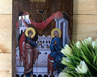 Icono de la Anunciación de la Theotokos hecho a mano - Arte religioso cristiano ortodoxo, icono de la Virgen María, obra de arte sacra, regalo único