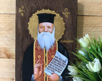 Handmade Wooden Icon of Saint Eumenios Saridakis – Orthodox Christian Wall Art – Modern Greek Saint – Religious Gift from Crete Evmenios