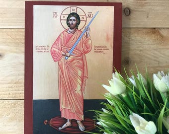 Jesus Christ with Sword Icon, Rare Orthodox Wooden Icon, 14th Century Inspired, Spiritual Byzantine Art Christian Gift Wooden Art Jesus Icon