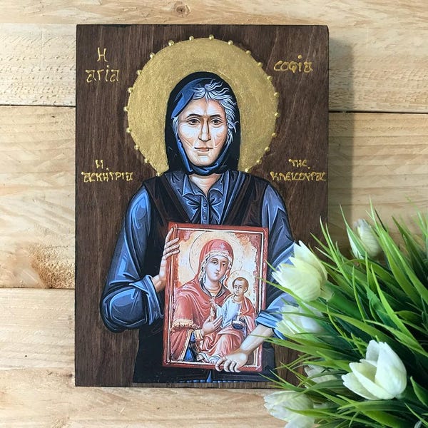 Icona greco-ortodossa di Santa Sofia di Kleisoura fatta a mano, arte religiosa bizantina in legno da parete, regalo cristiano ortodosso, icona di Santa Sofia
