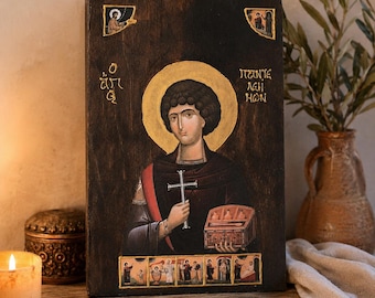 Saint Panteleimon Icon, Handmade Wooden Orthodox Icon, St Panteleimon the Great Martyr, Religious Gift Healing Saint Byzantine Christian Art