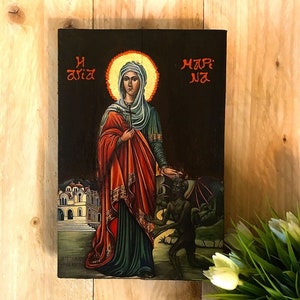 Saint Marina the Great Martyr Handmade Wooden Icon ,Handmade Greek Orthodox icon of St Marina of Antioch, Byzantine art wall, religious gift