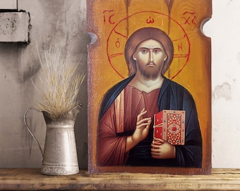 Orthodox Jesus Christ Icon on Wood – Handmade Greek Christian Wall Art – Religious Gift – Byzantine Icon Decor – Baptism Gift
