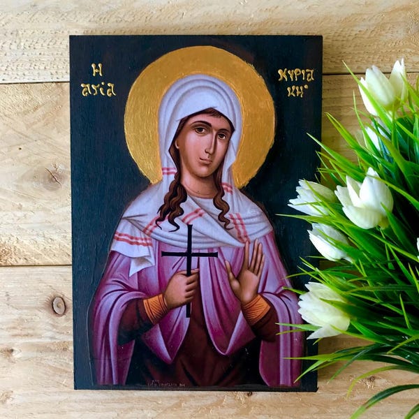 Icona di Santa Kyriaki fatta a mano: autentica arte cristiana ortodossa (14 x 20 cm)