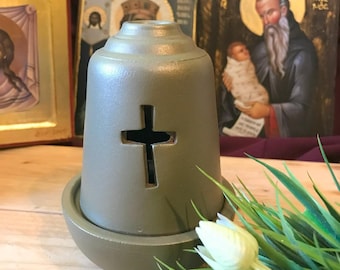 Ceramic Greek Orthodox Vigil Lamp with Cross – Religious Oil Lamp – Orthodox Home Decor Kantili Orthodox Lamp Prayer Lamp