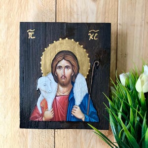 Handmade Icon of Jesus Christ &quot;The Good Shepherd&quot; on Wood – Religious Art Handmade religious art