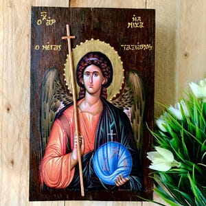 Archangel Michael/ Greek Orthodox Icon / Handmade Greek Orthodox Wooden Icon Of Taksiarhis Archangel Michael / Handmade Christian Art
