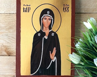 Icono cristiano de madera hecho a mano de la Virgen María del Silencio, arte de la Theotokos, decoración de pared de la Madre de Dios, regalo religioso ortodoxo Icono de Panagia