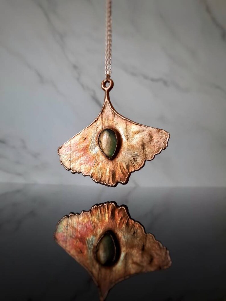 Ginkgo and labradorite pendant, leaf necklace, handmade jewelry, copper necklace image 3