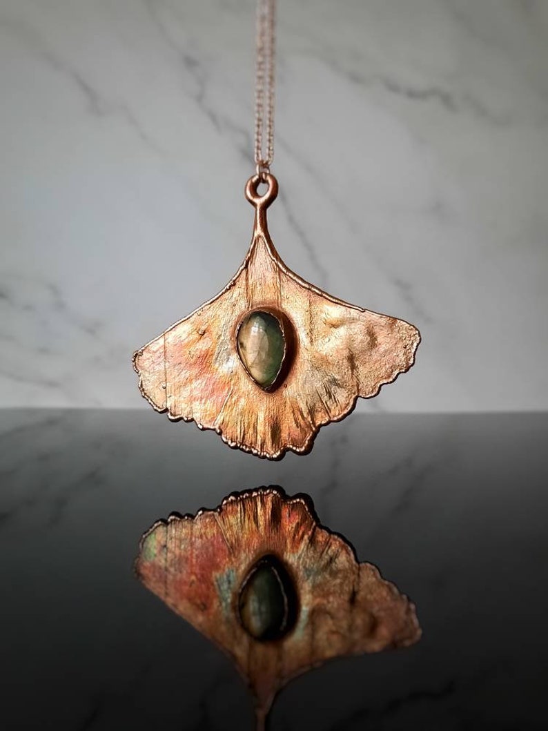 Ginkgo and labradorite pendant, leaf necklace, handmade jewelry, copper necklace image 4