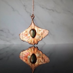 Ginkgo and labradorite pendant, leaf necklace, handmade jewelry, copper necklace image 1