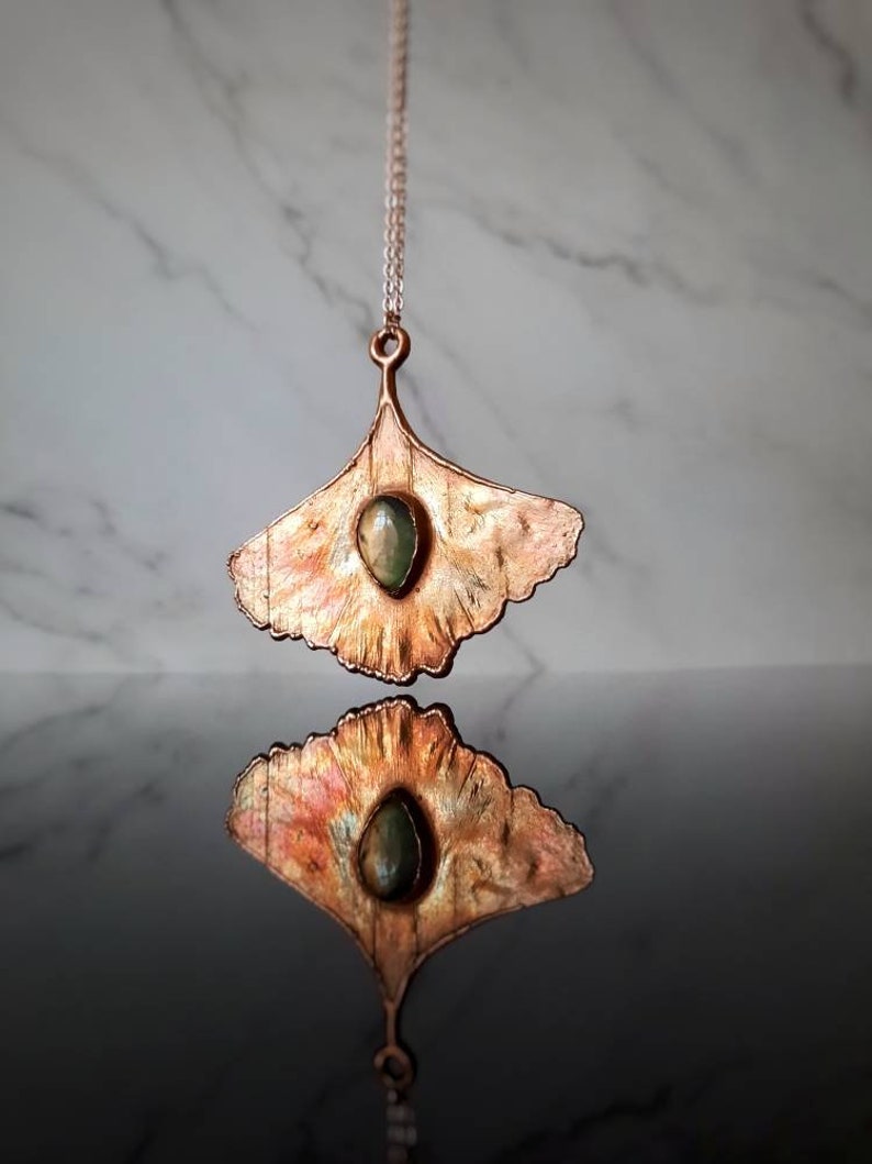 Ginkgo and labradorite pendant, leaf necklace, handmade jewelry, copper necklace image 1