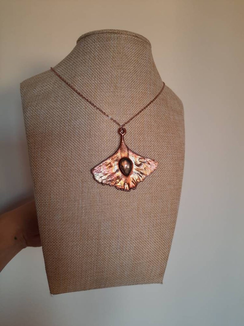 Ginkgo and labradorite pendant, leaf necklace, handmade jewelry, copper necklace image 10