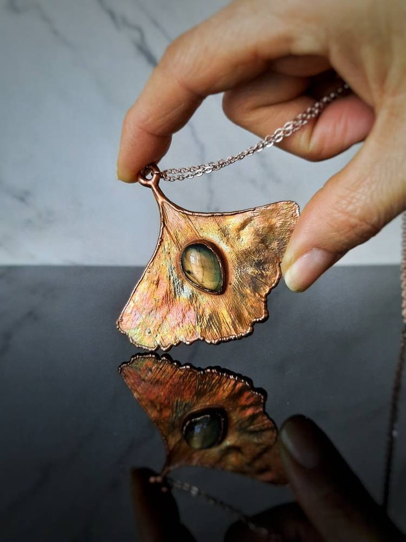 Ginkgo and labradorite pendant, leaf necklace, handmade jewelry, copper necklace image 2