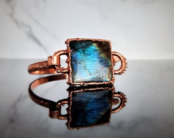 Pure copper bracelet, labradorite jewelry, cuff bracelet, rainbow moonstone bracelet