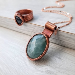 Aquamarine set, aquamarine pendant and ring, electroformed jewelry, crystal jewelry
