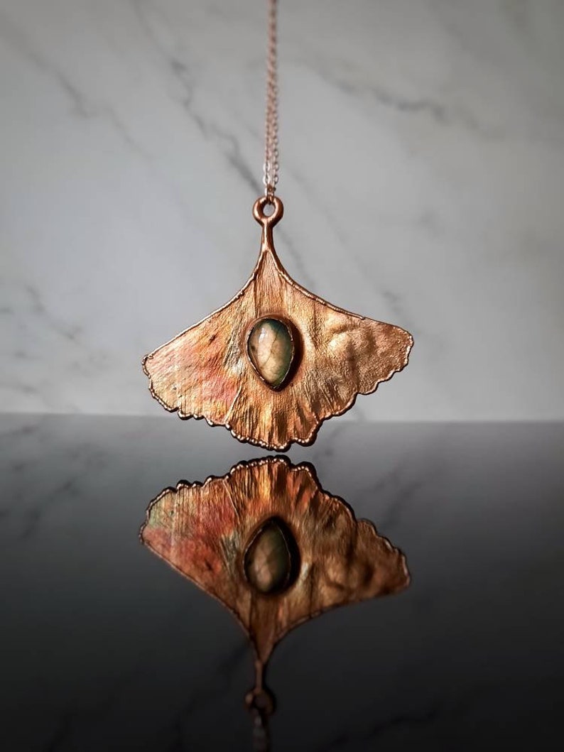 Ginkgo and labradorite pendant, leaf necklace, handmade jewelry, copper necklace image 7