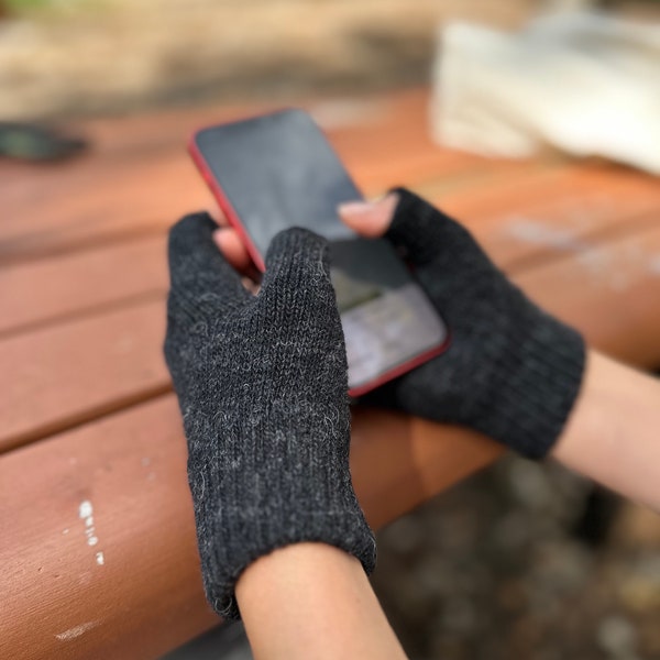 Unisex Dark Gray Angora Wool Fingerless Mittens fits for all – Ideal Half-Finger Winter Gloves & Christmas Gift – US Seller***