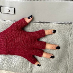 Unisex Angora Wool Fingerless Short Half Finger Winter Gloves Burgundy Color Mittens Great Christmas Gift image 1