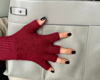 Unisex Angora Wool Fingerless Short Half Finger Winter Gloves Burgundy Color Mittens Great Christmas Gift