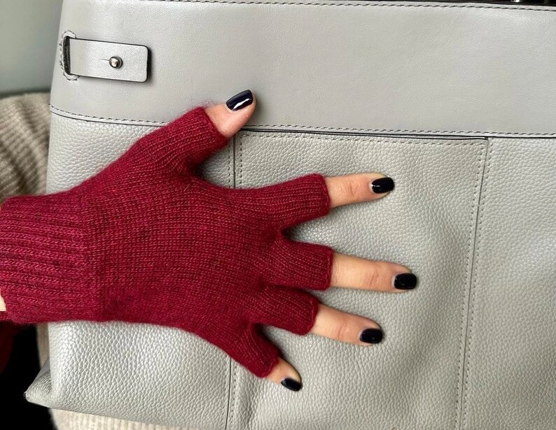 Unisex Angora Wool Fingerless Short Half Finger Winter Gloves Burgundy Color Mittens Great Christmas Gift image 1