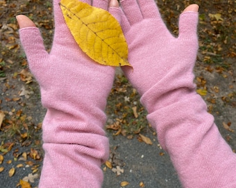 Pink Fingerless Lambswool Gloves: Knit Arm Warmers